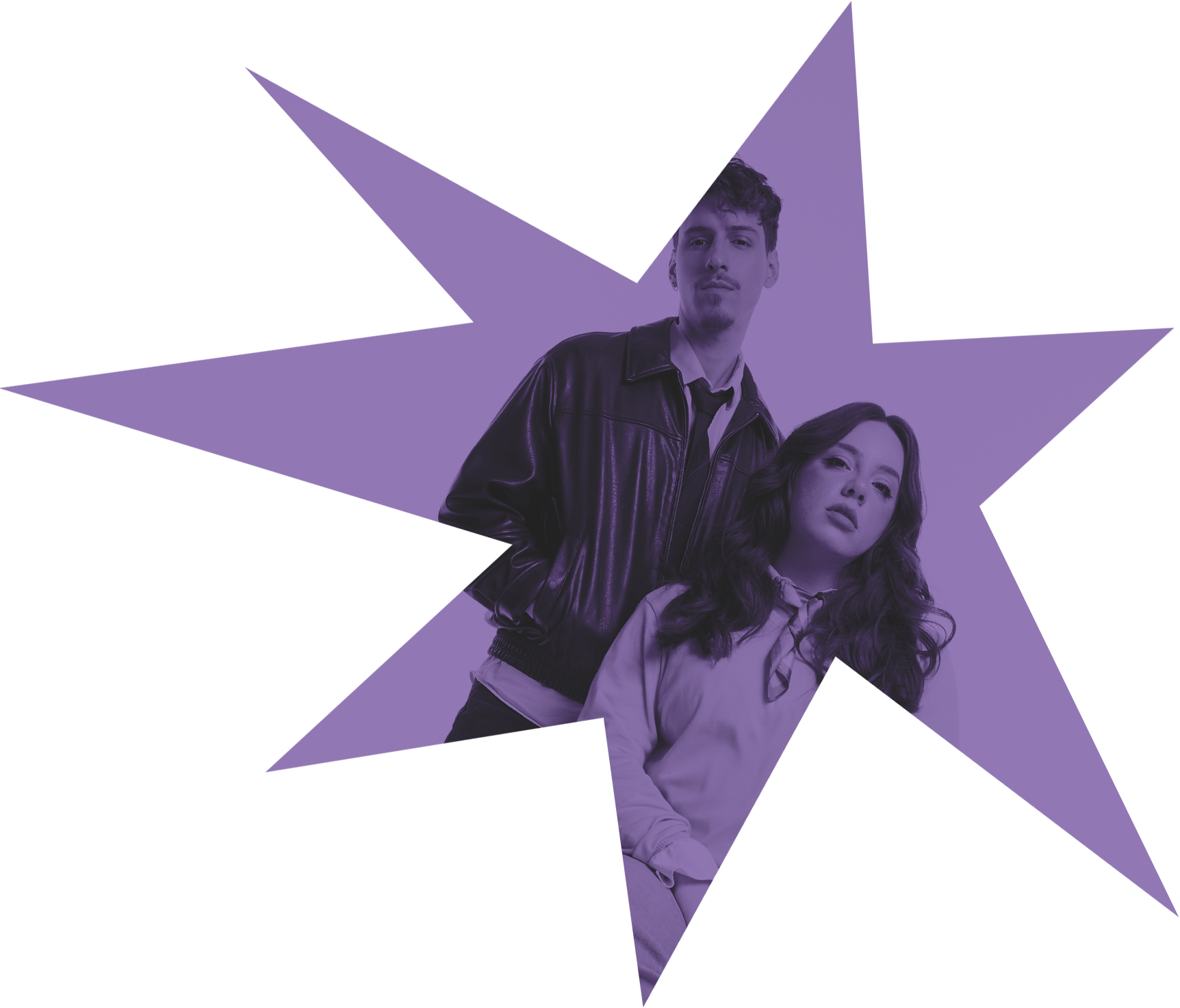 Duas pessoas em tons de roxo, posando juntas dentro de uma estrela